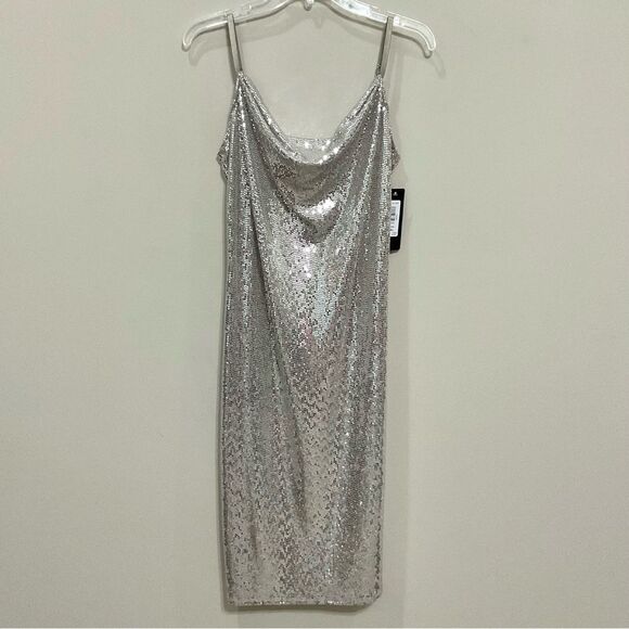 bebe Silver Sequin Slip Dress Sz XL NWT Cowl Neck Party Evening Sexy Mini - Picture 2 of 9